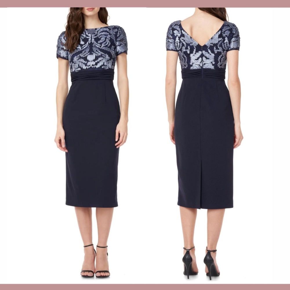 NEW JS‎ COLLECTIONS [ 6 ] Mixed Media Soutache Midi Dress In Navy